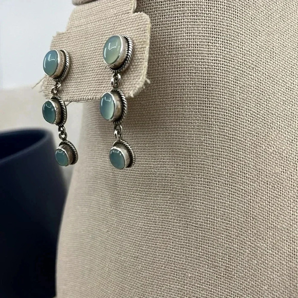Navajo-Inspired Sterling Silver & Blue Chalcedony Drop Earrings - Picture 5 of 8